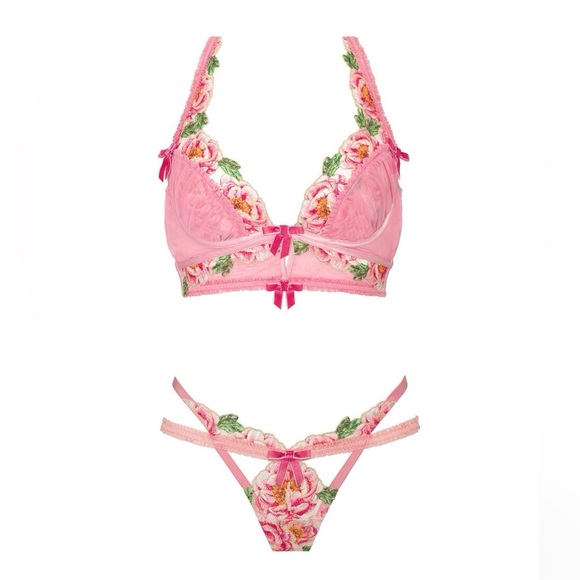 (XL) 2pcs For Love and Lemons Needle Point Roses Bustier and Thong Set
